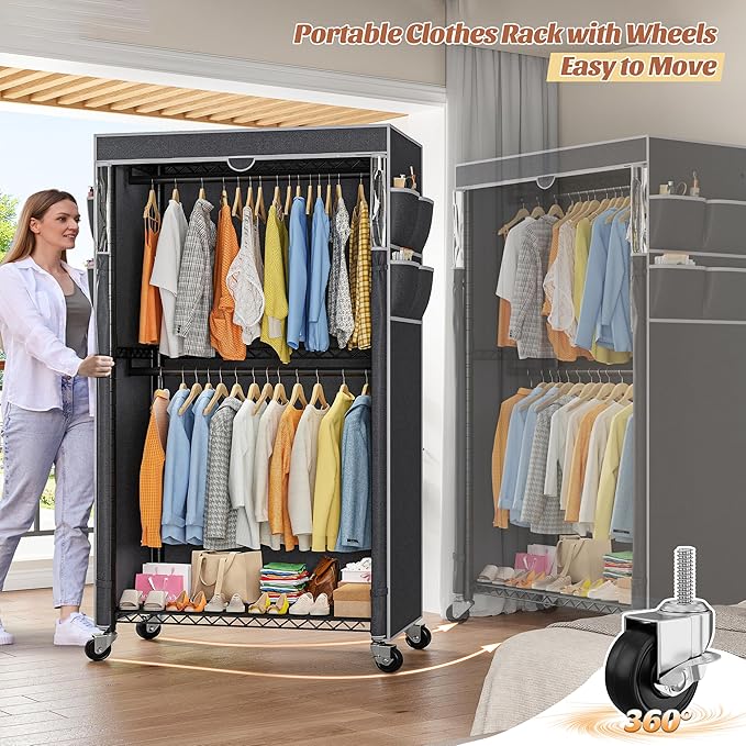 Raybee Rolling Clothes Rack with Cover Clothing Racks for Hanging Clothes Heavy Duty Portable Closet with Wheels Garment Rack