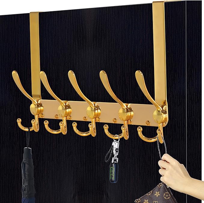 Dseap Over The Door Hook Hanger - Fits 1 3/8" to 1 3/4" Standard Doors | 5 Tri Hooks Heavy Duty Towel/Coat Rack | Door Organi