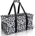 Extra Large Utility Tote Bag - Oversized Collapsible Reusable Wire Frame Rectangular Canvas Basket With Two Exterior Pockets For Beach, Pool, Laundry, Car Trunk, Storage - Damask Black