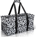 Extra Large Utility Tote Bag - Oversized Collapsible Reusable Wire Frame Rectangular Canvas Basket With Two Exterior Pockets For Beach, Pool, Laundry, Car Trunk, Storage - Damask Black