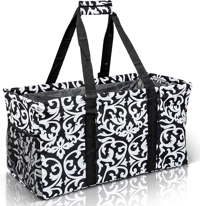 Extra Large Utility Tote Bag - Oversized Collapsible Reusable Wire Frame Rectangular Canvas Basket With Two Exterior Pockets For Beach, Pool, Laundry, Car Trunk, Storage - Damask Black