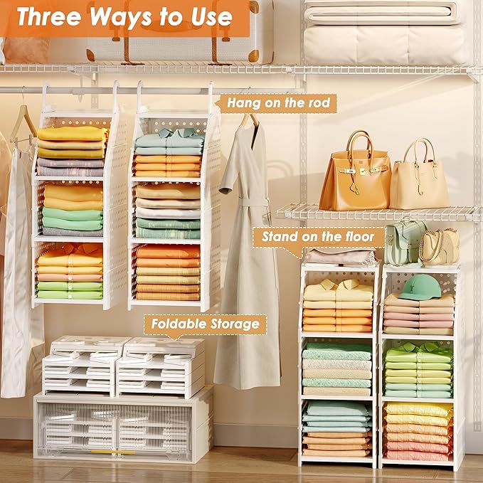 Honkazita 3-Tier Foldable Closet Hanging Organizer, Free-Standing | Hanging Closet Shelves for Wardrobe Laundry Room, Plastic
