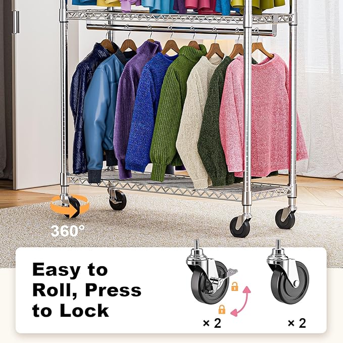 M MZG Heavy Duty Rolling Garment Rack 3 Tiers Adjustable Wire Shelving Clothes Rack with 2 Rods and Side Hooks,Storage Closet