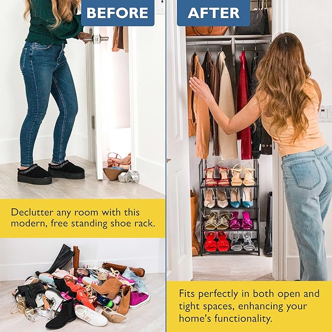 Sundaze Shoe Rack - 4 Tier Shoe Rack for Closet, Sturdy Stackable Shoe Organizer for Closet, Bedroom, Entryway, Garage, Non W