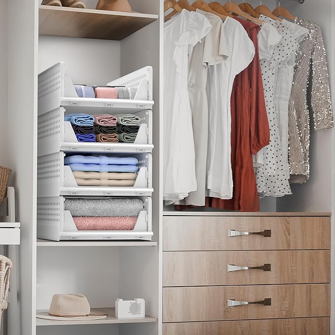 Sorbus 4 Pack Folding Closet Shelf Organizer for Clothes, Versatile Stackable Storage Baskets for Closet, Bathroom, Kitchen a