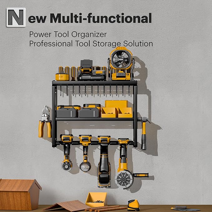 Spampur Power Tool Organizer Wall Mount, 3 Layers Storage Rack with 4 Drill Holders, Garage Storage Rack for Handheld, Metal 
