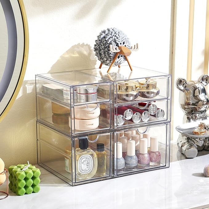 Prsildan Acrylic Drawer Makeup Organizer with 6 Drawers (Not for Baby Bottle), Set of 2 Office Desk Organizers Accessories, C