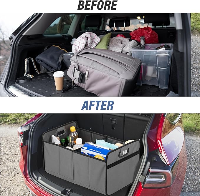 Simple Deluxe Car Trunk Organizer, Collapsible 2 Compartments Trunk Storage, Anti-slip Design, Made of Waterproof 600D Oxford P