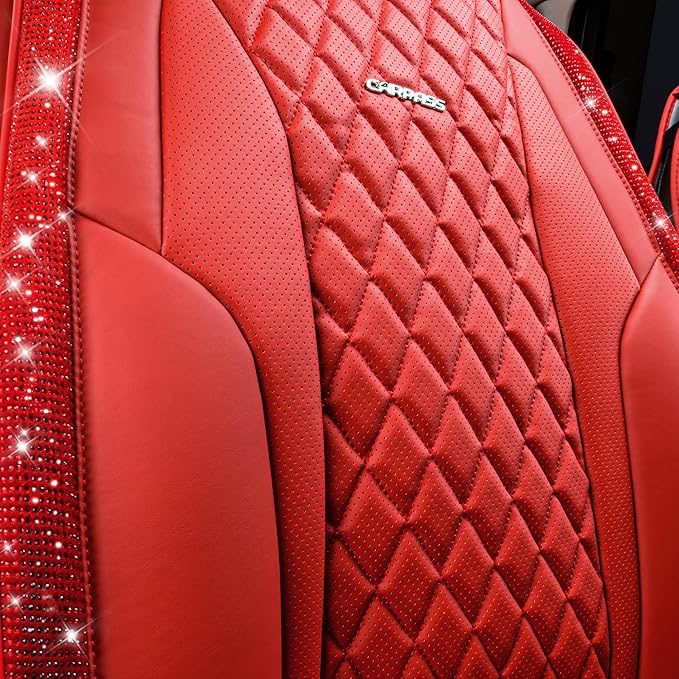 CAR PASS Nappa Leather Bling Diamond Car Seat Covers Full Set Universal Cushioned, Waterproof Heavy-Duty Anti-Slip Luxury Lea