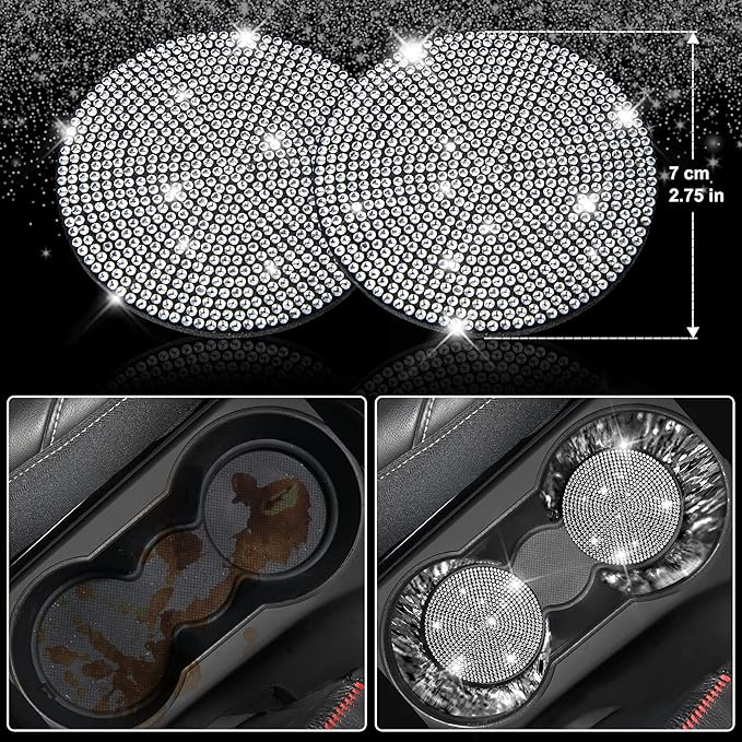 CAR PASS Bling Diamond Leather Car Seat Covers Sets 11 pcs,Bling Diamond Car Accessories for Women, Sparkly Rhinestone Steeri