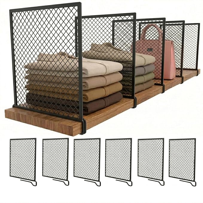 Nexu 6-Pack Metal Mesh Shelf Dividers for Closet Organization, Ultra-Stable Under-Shelf Hook Design, Matte Non-Slip Heavy Dut