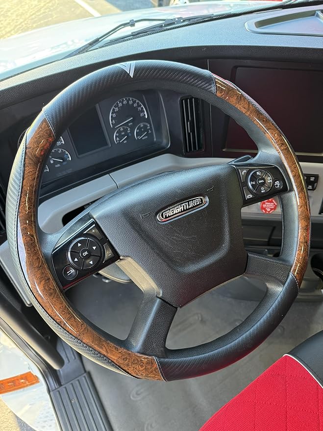 18-Inch Genuine Leather Steering Wheel Cover for Semi Trucks – Wood Grain Imitation Finish, Heavy-Duty Non-Slip Grip, Durable and Comfortable Interior Upgrade