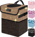 Cute Mini Car Trash Bag with Lid, Glitter Garbage Can Bin Hanging for Back/Front Seat/Console, Waterproof, Leakproof, 2.5 Gallon, Brown Bling Sparkly
