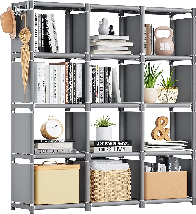 Mavivegue Book Shelf, 12 Cube Storage Organizer, DIY Bookcase, Metal Cube Bookshelf,Tall Book case for Bedroom, Living Room,O