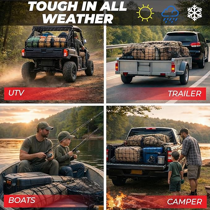 Heavy Duty Cargo Net for Pickup Truck Bed, 4x6 ft Stretches to 8x12 ft - 10mm Elastic Bungee Truck Bed Net with 12 Carabiners, Anti-Slip Gloves & Digital Guide for Trucks, SUV, Roof Rack