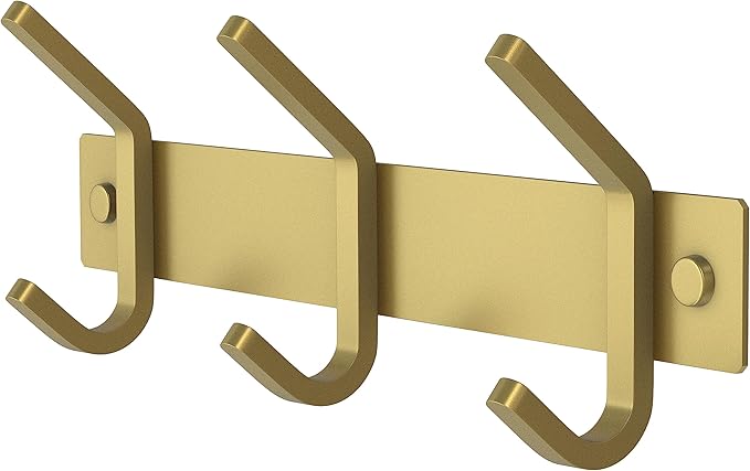 Brushed Gold Small Coat Rack Wall Mount – 9 Inch Stainless Steel Rail with 3 Double Coat Hooks for Entryway, Bathroom, Bedroo