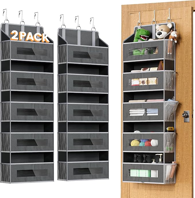 5 Tier Over The Door Organizer - Large Capacity Behind Door Hanging Shelves with 10 Mesh Pockets and Clear Windows, Closet Or