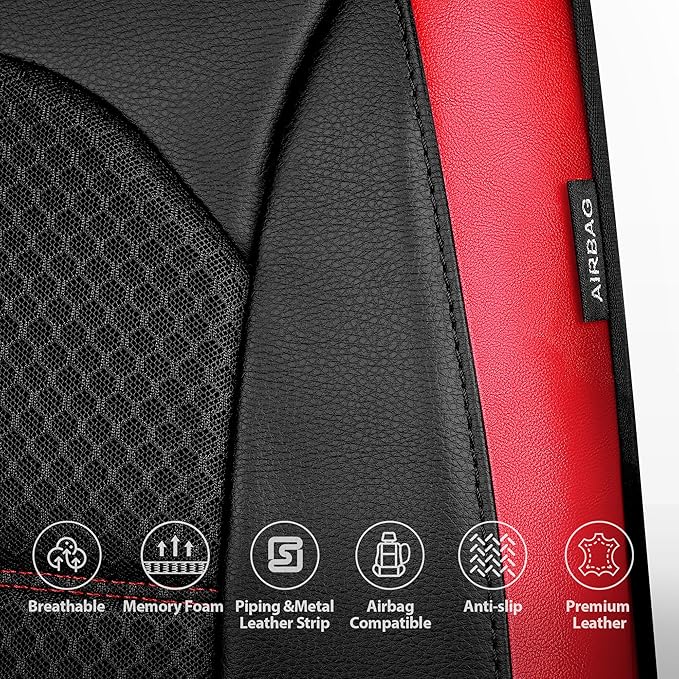 CAR PASS Memory Foam Leather Seat Covers,Air Cool Mesh Thick Car Seat Covers Front Seats Red Leather Seat Covers for Cars Uni
