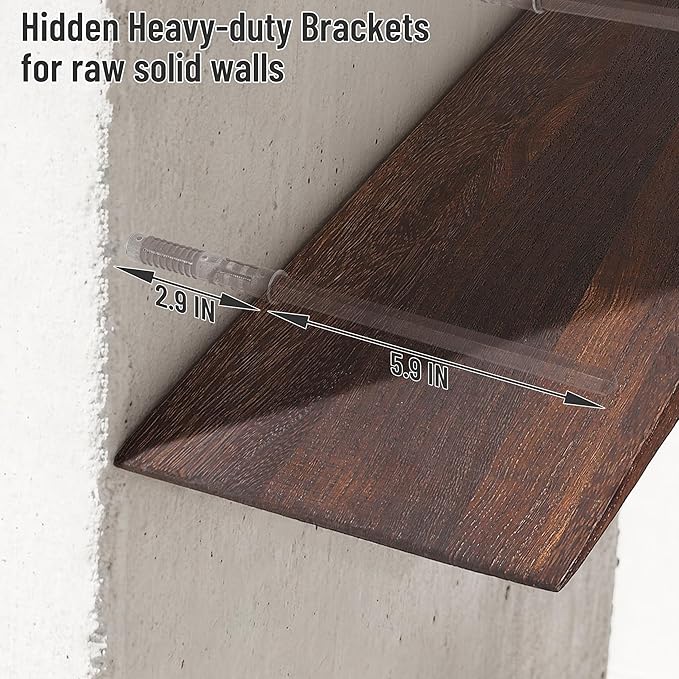 Floating Shelves for Concrete Wall: Solid Wood Shelf 15.75 and 23.6 inch with Heavy Duty Hidden Bracket for Display Books Pla