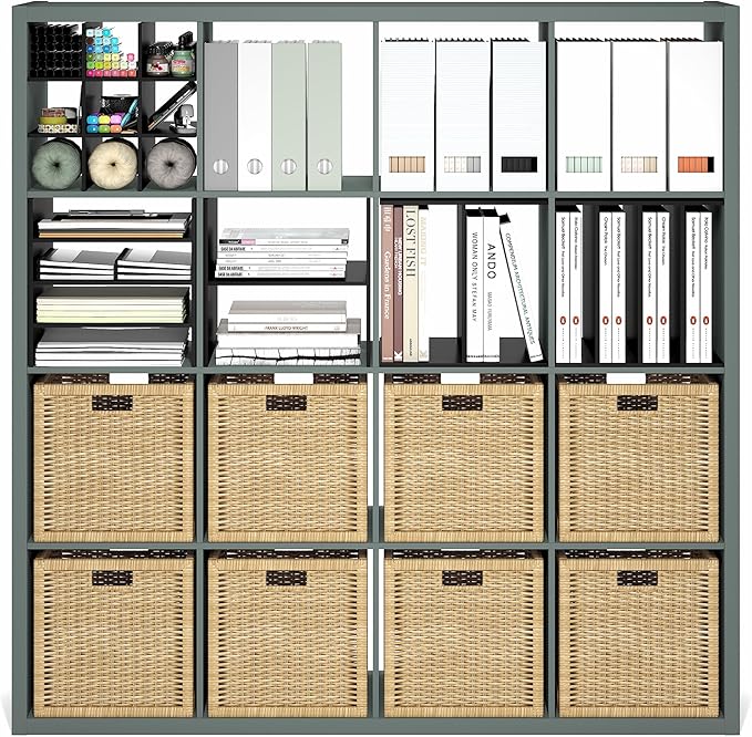 Furinno Cubicle Book Shelf, 16-Cube Bookshelf, Extra Thick Frame Reversible Bookcase with Open Back, 14.6" x 58" x 58", for L
