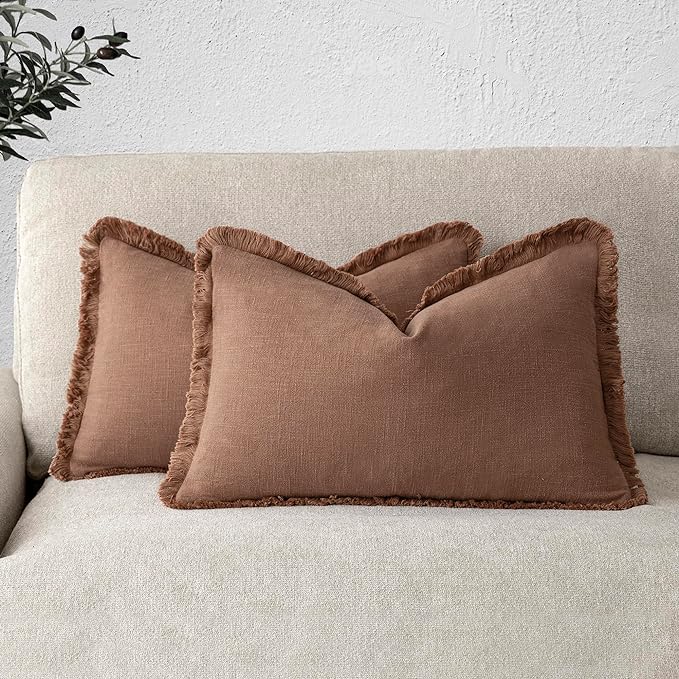Foindtower Set of 2 Decorative Linen Fringe Throw Pillow Covers Boho Farmhouse Cushion Cover with Tassels Accent Pillowcase f