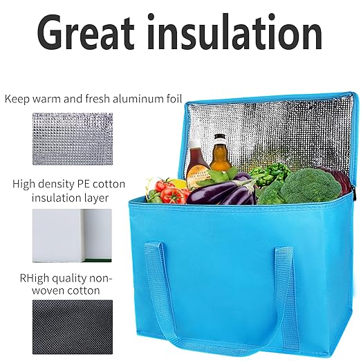 musbus 4-Pack, Large Insulated Grocery shopping bag, Blue, reusable bags,zipper,Collapsible,tote,cooler,for men women,for instacart,leakproof,soft,Recycled Materia