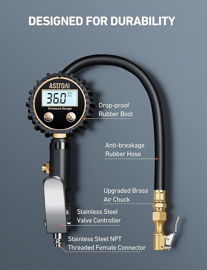 AstroAI Digital Tire Pressure Gauge with Inflator(3-250 PSI 0.1 for Display Resolution), Heavy Duty Air Chuck and Compressor Accessories with Rubber Hose and Quick Connect Coupler, White