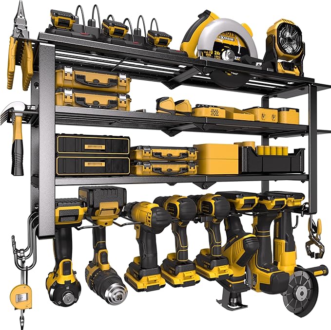 Spampur 420LB Capacity Power Tool Organizer with Charging Station & 6 Outlets | Quick Assembly 4-Layer Heavy Duty Rack for Dr