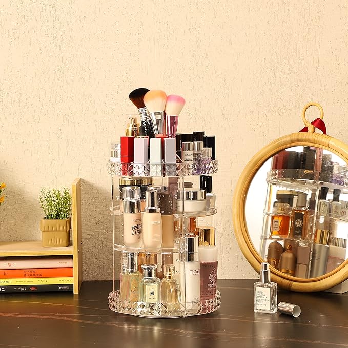 Cq acrylic Rotating Makeup Organizer,Adjustable Spinning Skincare Organizer for Vanity,Countertop,Clear Rotating Perfume Orga