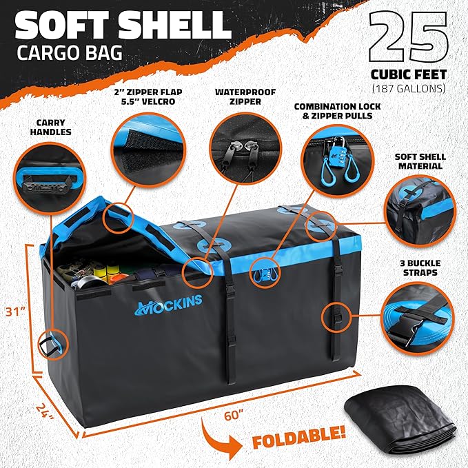 Mockins 60"x24"x6" Folding Trailer Hitch Cargo Carrier w/ 25 Cu Ft Waterproof Cargo Bag for Hitch Carrier | Heavy Duty 500 lbs Steel Luggage Rack for SUV, Car & Truck w/Plate Bracket & Accessories