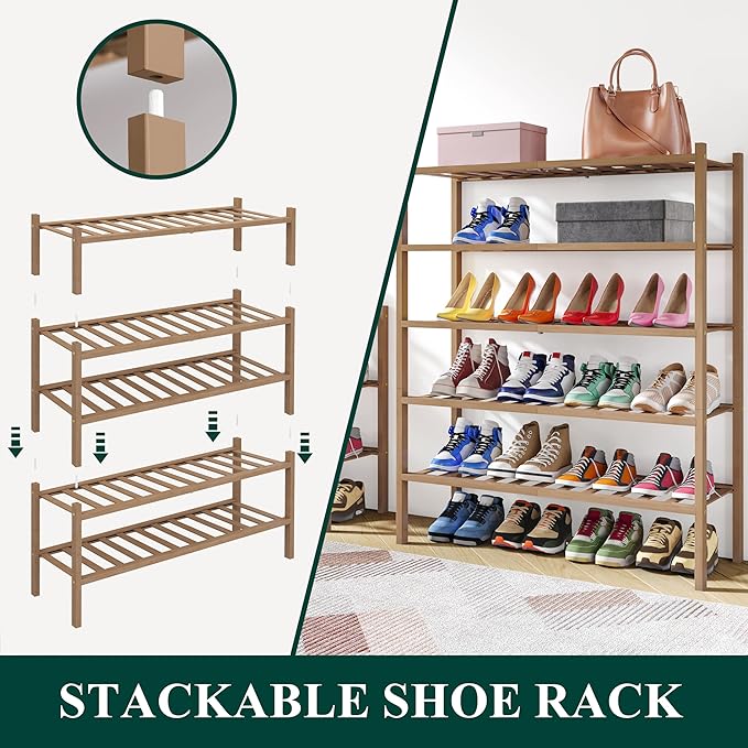 Smiry Shoe Rack, 6 Tier Thick Bamboo Shoe Organizer, Stackable Free Standing Wooden Shoe Storage Shelf for Closet, Entryway, 