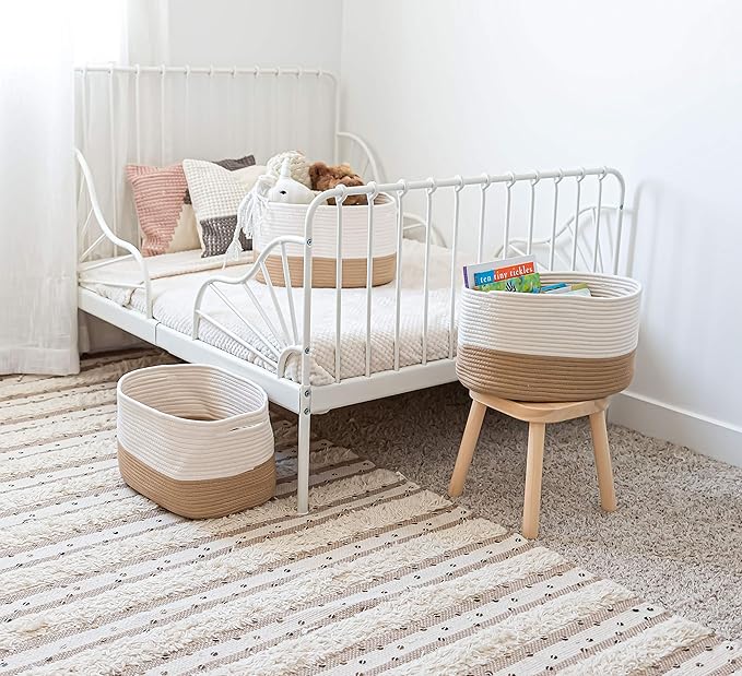 OrganiHaus Cotton Rope Basket for Shelf - Woven Storage Basket for Organizing, Closet & Toy Storage - Honey/Off-White - 15x9x