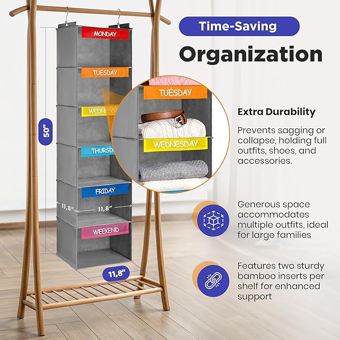 Handy Laundry Hanging Clothes Organizer for Kids - 6-Shelf Closet Daily Clothing Organization Labeled Shelves with Days of Th