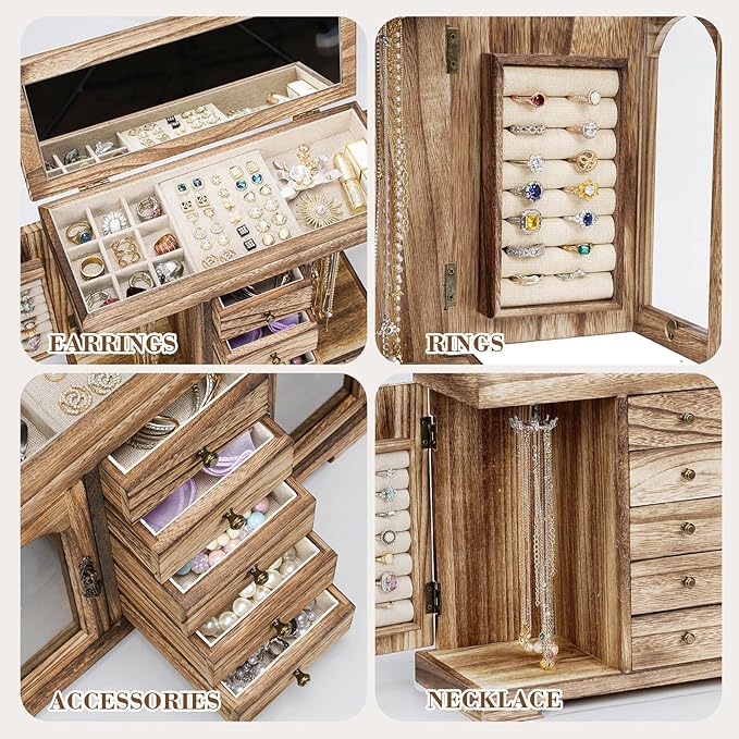 Miratino Jewelry Box for Women Girls, Rustic Wooden Jewelry Organizer Box with Mirror, 5 Layer Jewelry Storage Case Display f