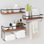 Wood Floating Shelves Wall Mounted - 3+1 Tier Rustic Bathroom Shelves Over Toilet with Wire Storage Basket &Towel Bar, Set of