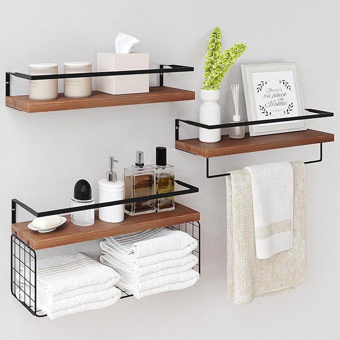 Wood Floating Shelves Wall Mounted - 3+1 Tier Rustic Bathroom Shelves Over Toilet with Wire Storage Basket &Towel Bar, Set of