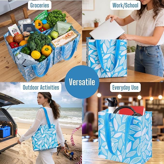 VENO 2-4 Pack Reusable Grocery shopping Bags, Medium Tote Bag w/Handle Hard Bottom, Heavy Duty, Foldable Carrier