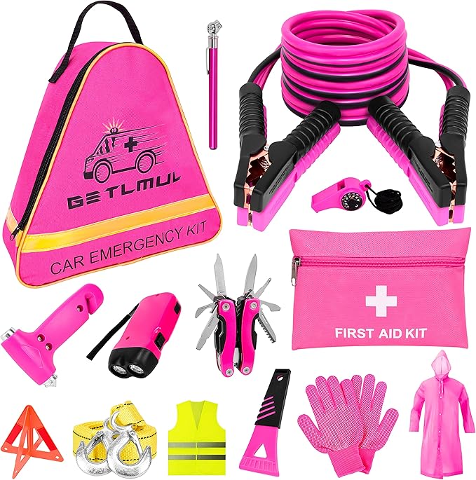 Pink Car Emergency Kit, Premium Roadside Emergency Car Accessories Kit with Jumper Cables, Flashlight, Shovel, Screwdriver Se
