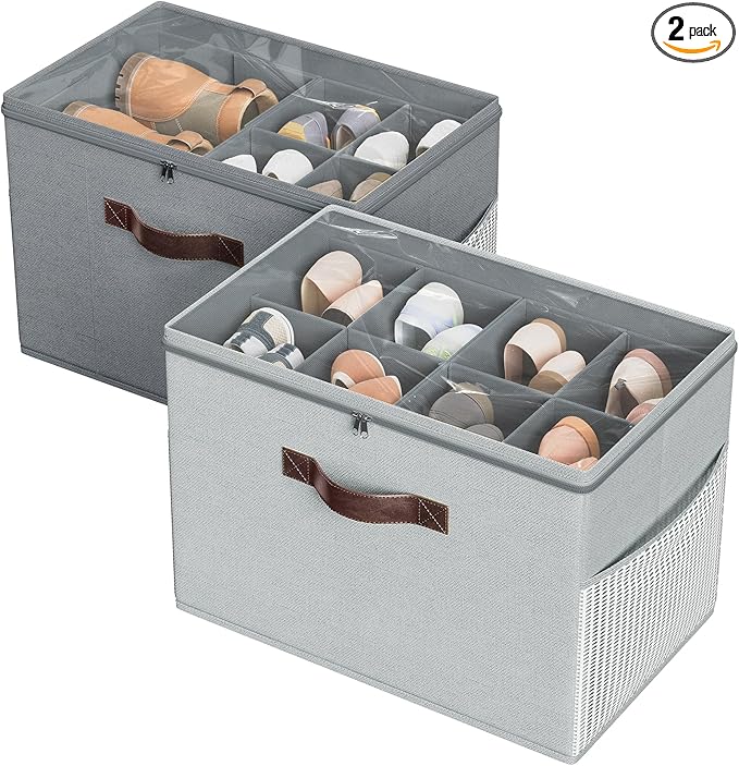 Budding Joy 2 Pack Shoe Organizer for Closet, Clear Foldable Shoe Storage Containers Adjustable Dividers Fits 16 Pairs,Shoe S