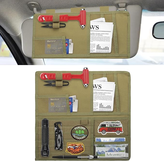 Tactical Visor Organizer, Car Visor Organizer, Sunvisor Organizers, Tactical Visors Cover Molle Webbing, Truck Accessories for Men, Car Sunshade Storage Pouch (Khaki)