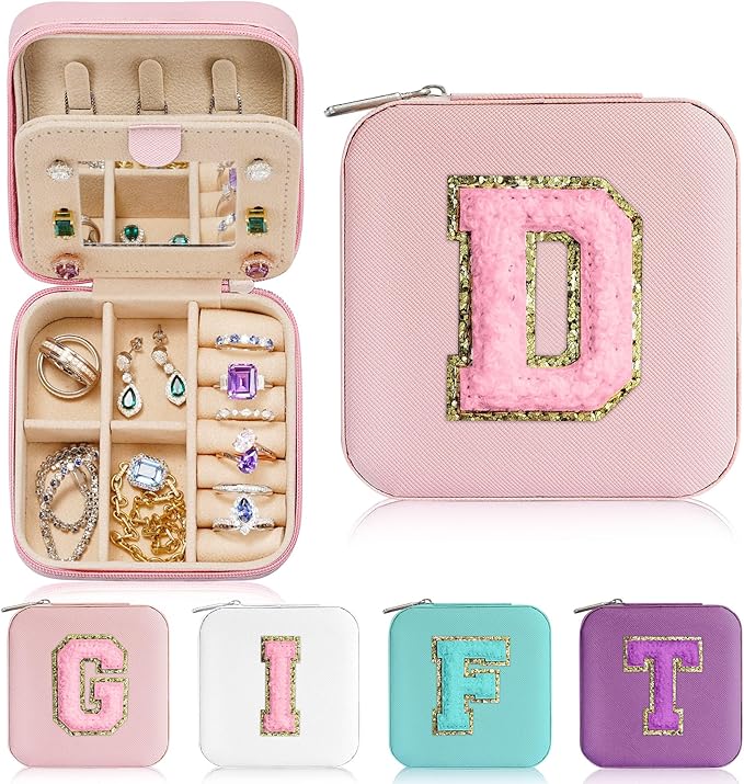 Parima Initial Jewelry Box for Women Girls, Pink Jewelry Travel Case | Chenille Letter Patches Jewelry Box | Multifunctional 