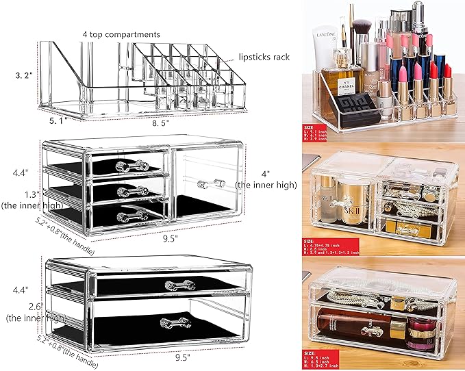 Cq acrylic 3 Pack Clear Makeup Organizer Countertop, Stackable 6 Drawers Skincare Organizer,Cute Skin Care Organizer for Vani