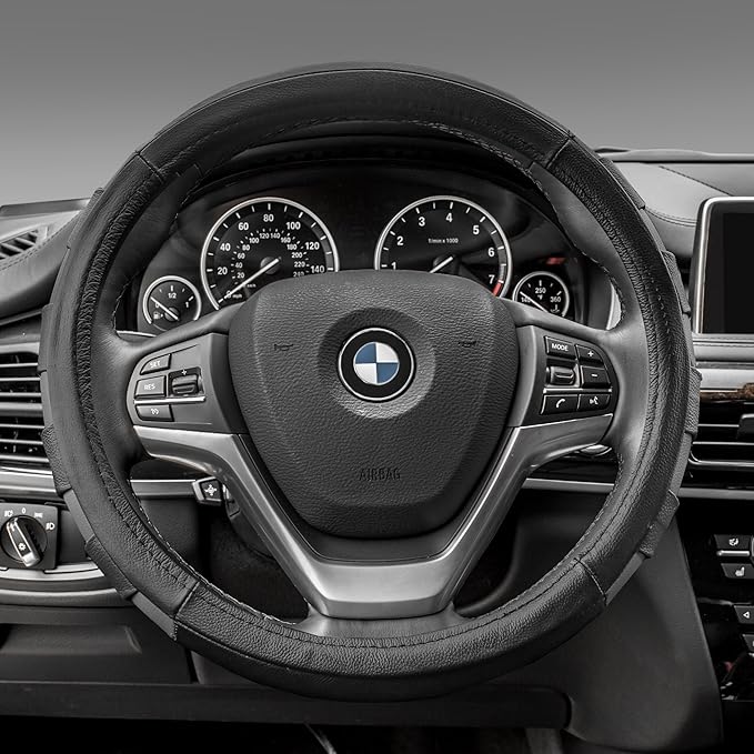 FH Group Universal Fit Genuine Leather Sport Gray Steering Wheel Cover Fits Most Cars, SUVs