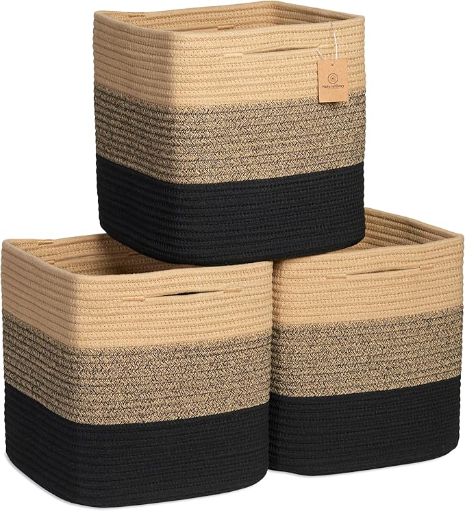 NaturalCozy Storage Cubes 11 Inch Cotton Rope Woven Baskets for Organizing, 3-Pack | Cube Storage Bin | Square Storage Basket