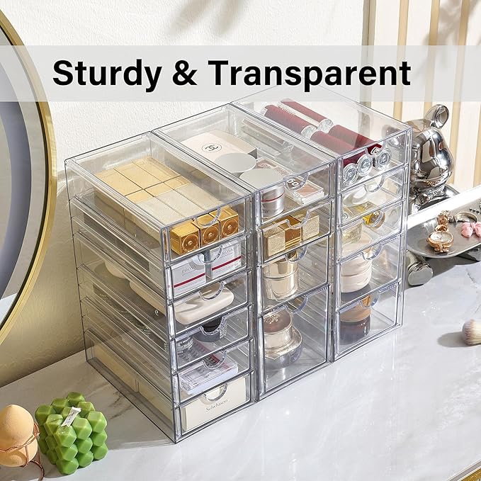 Prsildan Acrylic Drawer Organizer with 15 Drawers, Makeup Craft Office Desk Organizers Accessories, Set of 3 Clear Stackable 