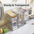 Prsildan Acrylic Drawer Organizer with 15 Drawers, Makeup Craft Office Desk Organizers Accessories, Set of 3 Clear Stackable 