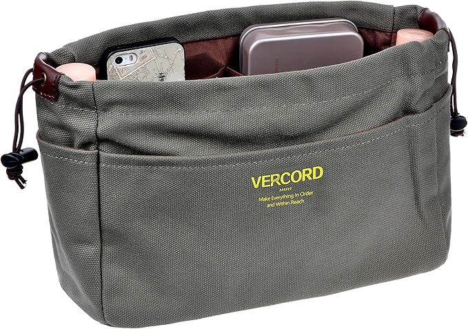 Vercord Canvas Handbag Organizers, Sturdy Purse Insert Organizer Bag in Bag, 10 Pockets Color Army Green Small