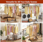 Rolling Garment Rack - Retractable Clothes Rack with Hanging Rods, Lockable Wheels and Bottom Storage Shelf - Sturdy Coat Rac