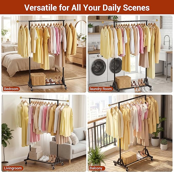 Rolling Garment Rack - Retractable Clothes Rack with Hanging Rods, Lockable Wheels and Bottom Storage Shelf - Sturdy Coat Rac