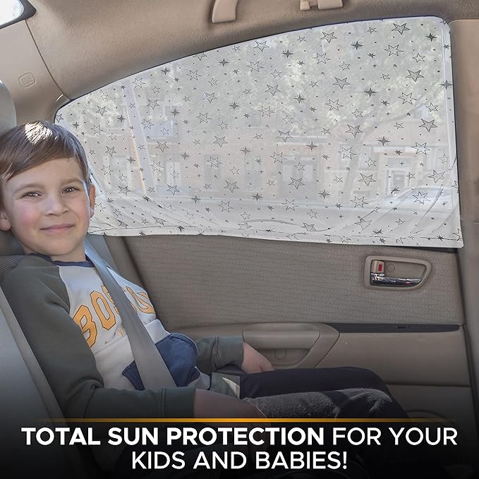 EcoNour Printed Baby Car Window Shades for Side Windows | Sun Shade for Heat & UV Protection | Adjustable Elastic Fabric Material | Rear Side Window Sunshade for Car | Pack of 2 (Large 40"x23")